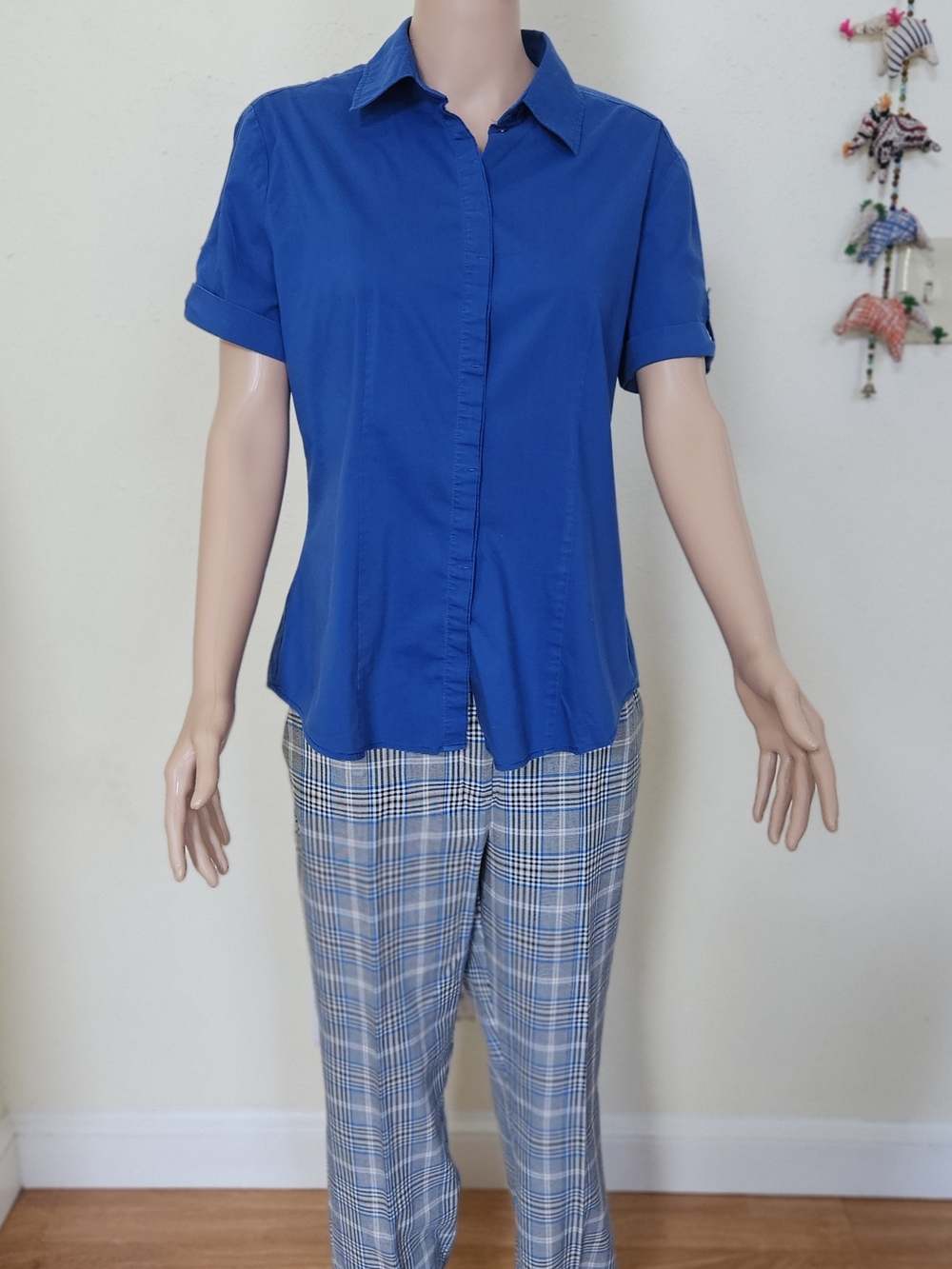 Women's Outfit: Button-Down Shirt And Multi-Color Plaid Pants To Match